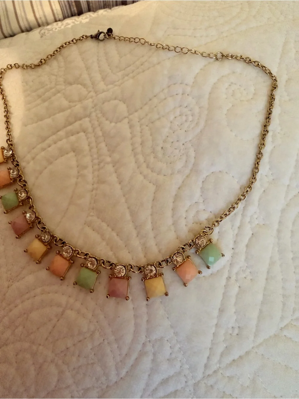 Pastel Square Drop Necklace with Crystal Accents - Gold Tone